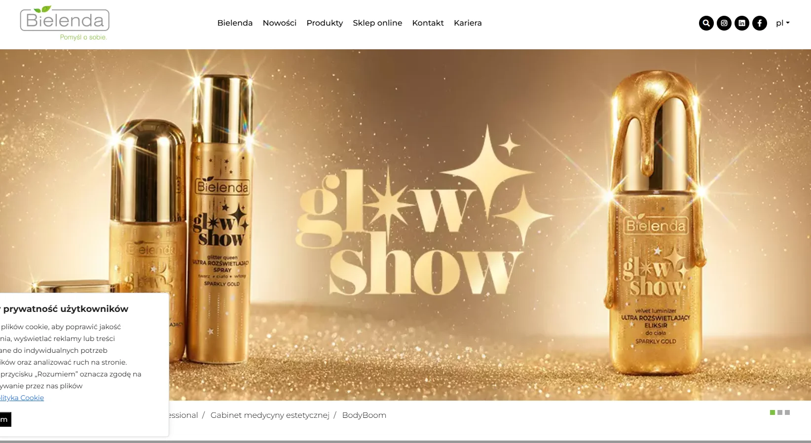 Bielenda Glow Show cosmetic products featured in a sparkling gold setting, highlighting the luxurious appeal of the brand.